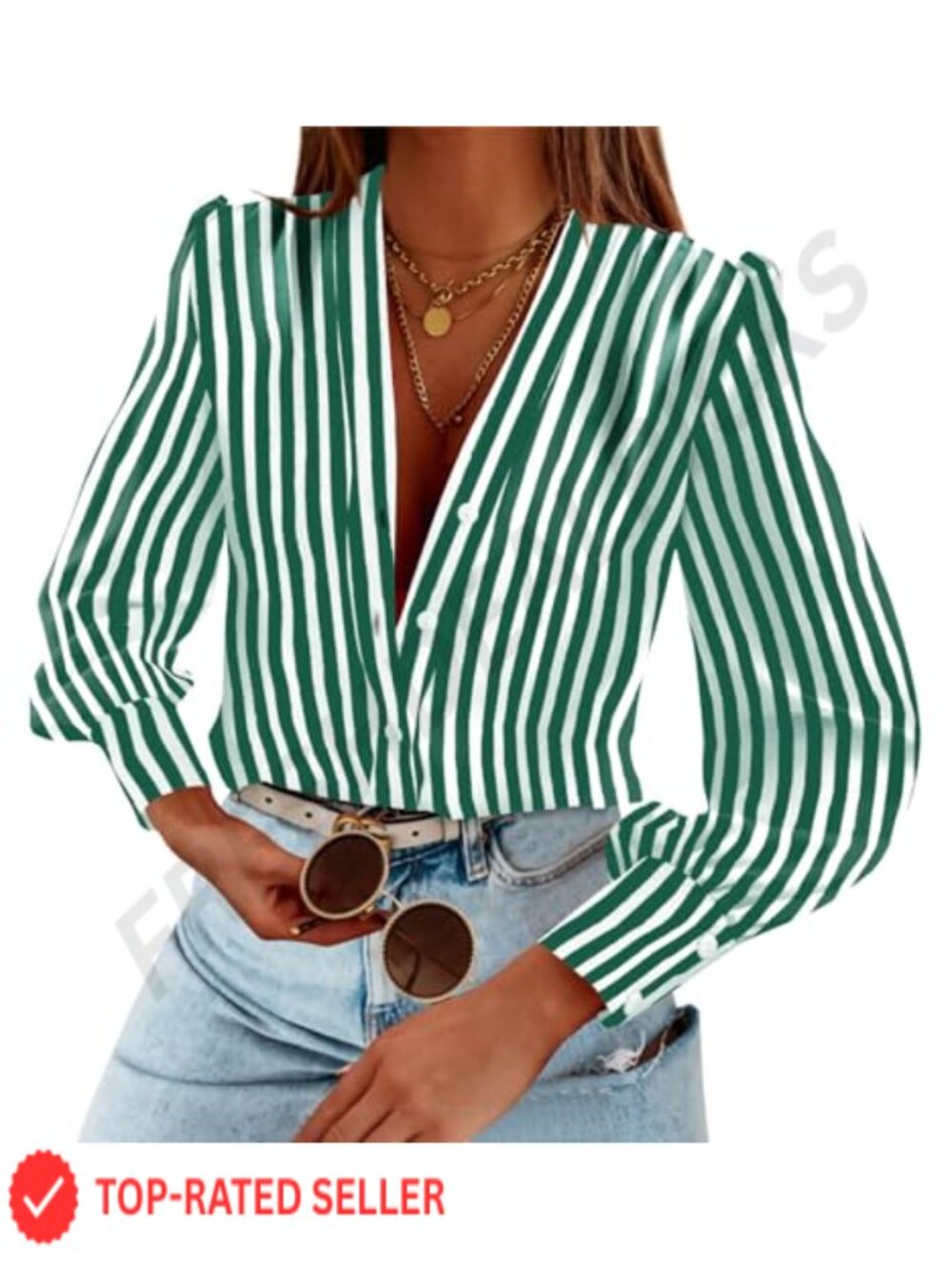 Women's Long Sleeve Button Down Shirt V-Neck Satin Striped Blouse